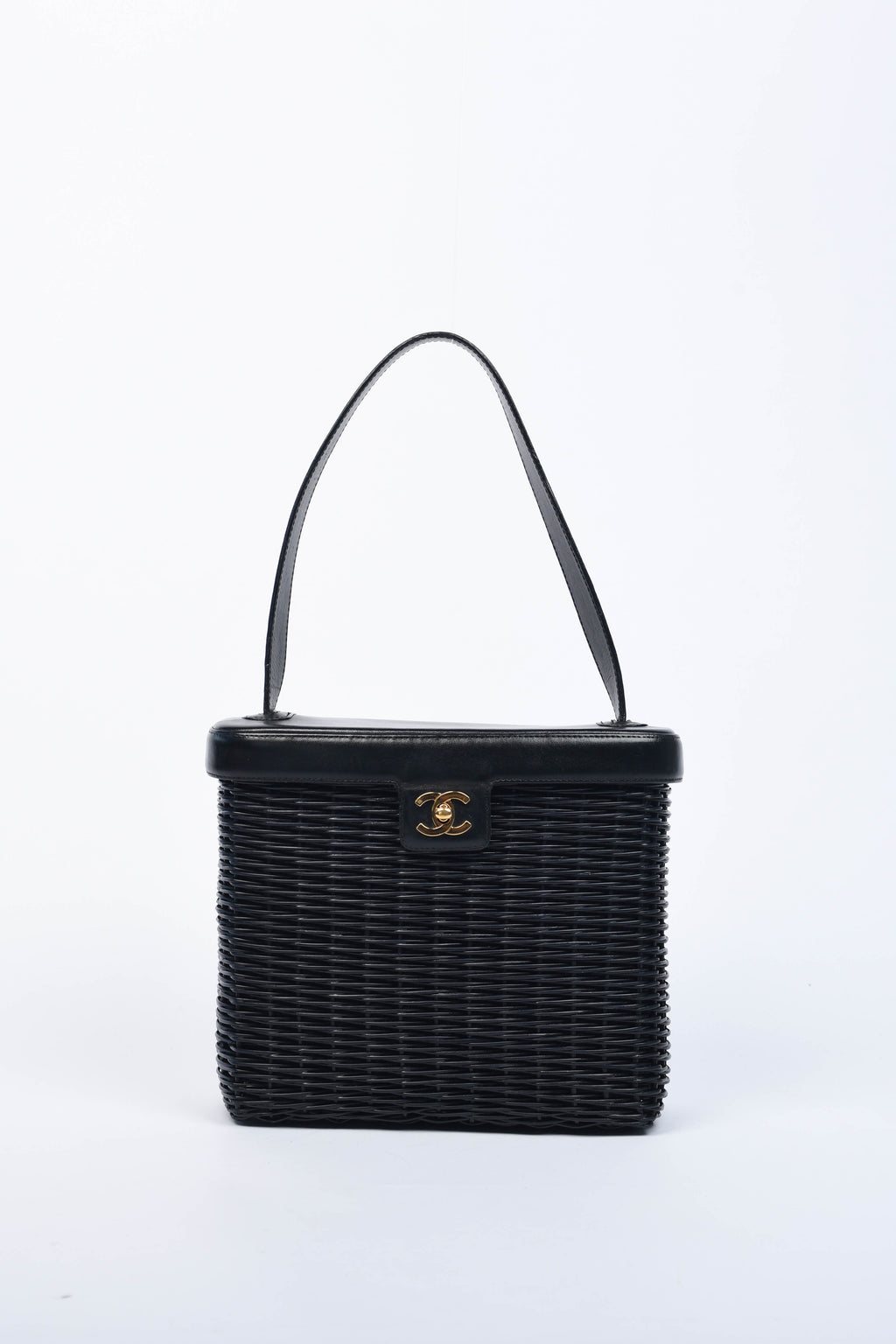 RARE Chanel Black Wicker Basket Top Handle Bag