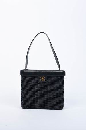 RARE Chanel Black Wicker Basket Top Handle Bag