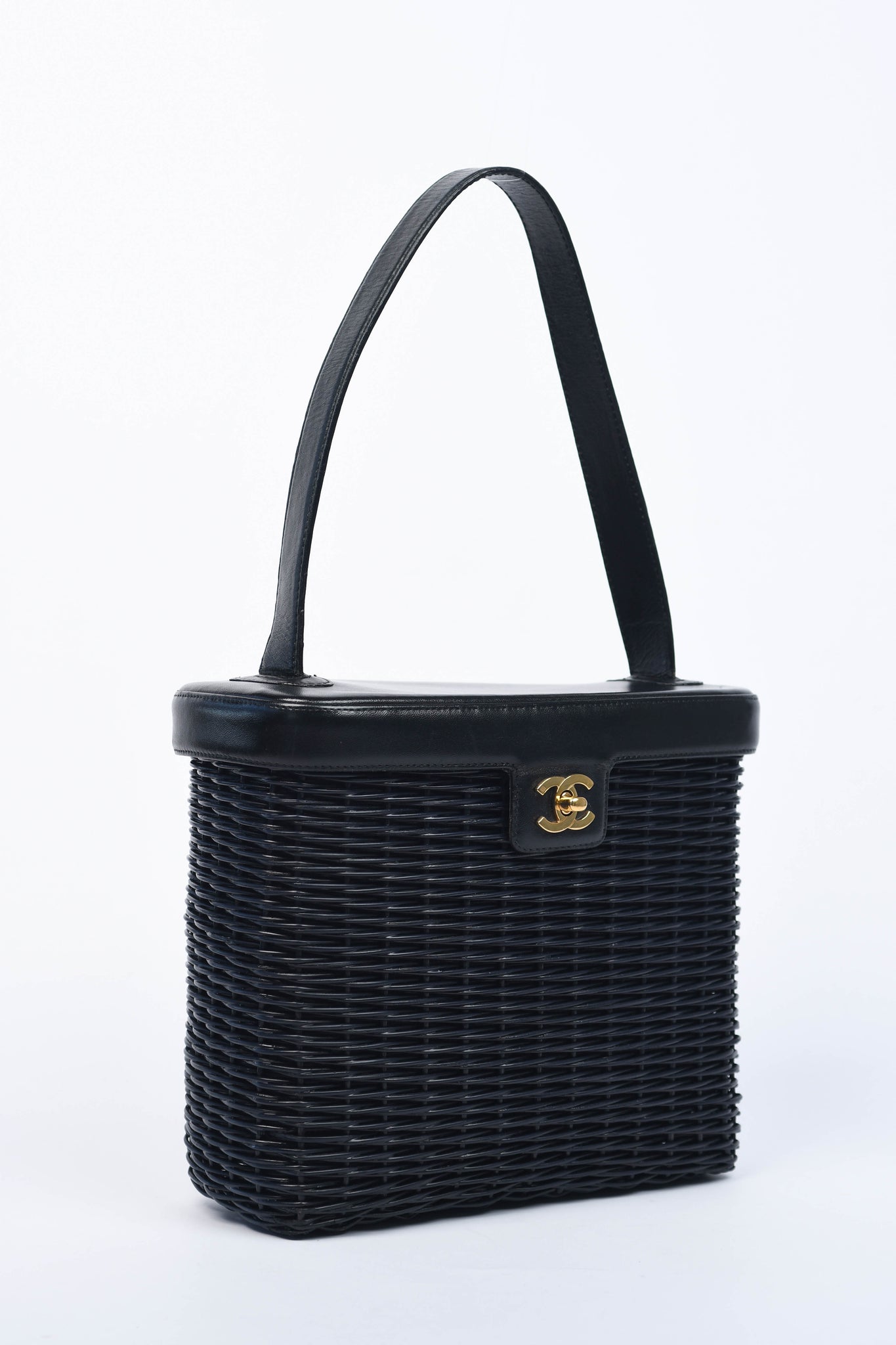 RARE Chanel Black Wicker Basket Top Handle Bag