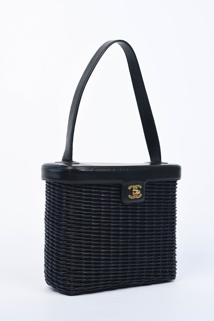 RARE Chanel Black Wicker Basket Top Handle Bag
