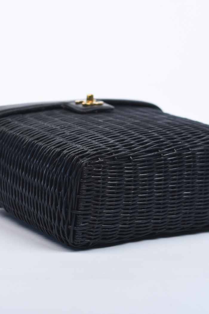 RARE Chanel Black Wicker Basket Top Handle Bag