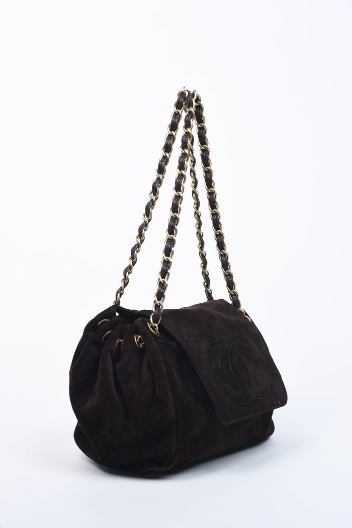 2000s Chanel Brown Suede CC Shoulder Bag