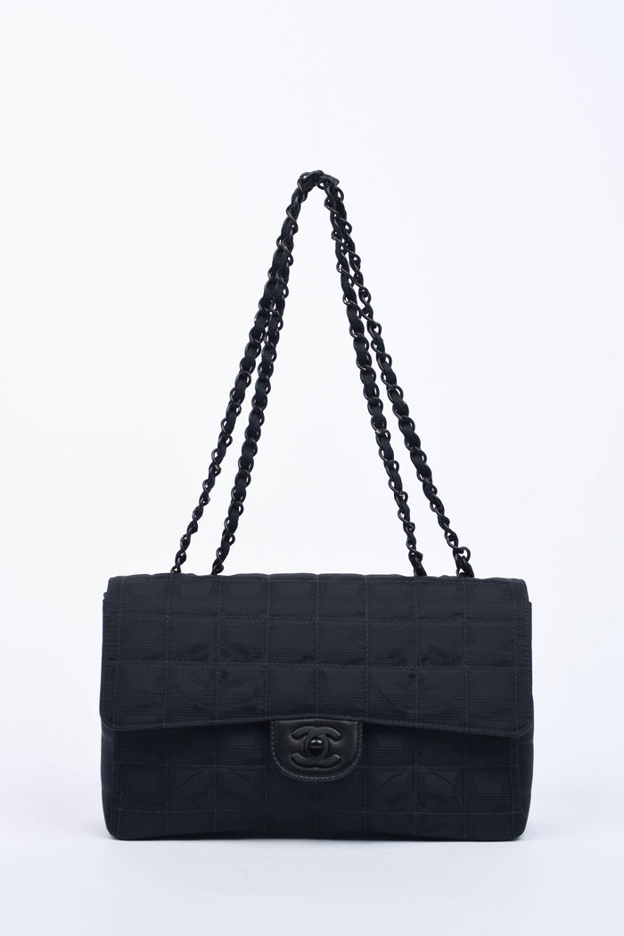 2000s Chanel Black Travel Line Single Flap Shoulder Bag