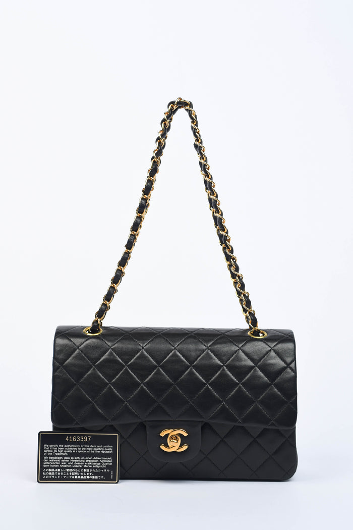 90s Chanel Black Lambskin Medium Classic Double Flap with 24K GHW