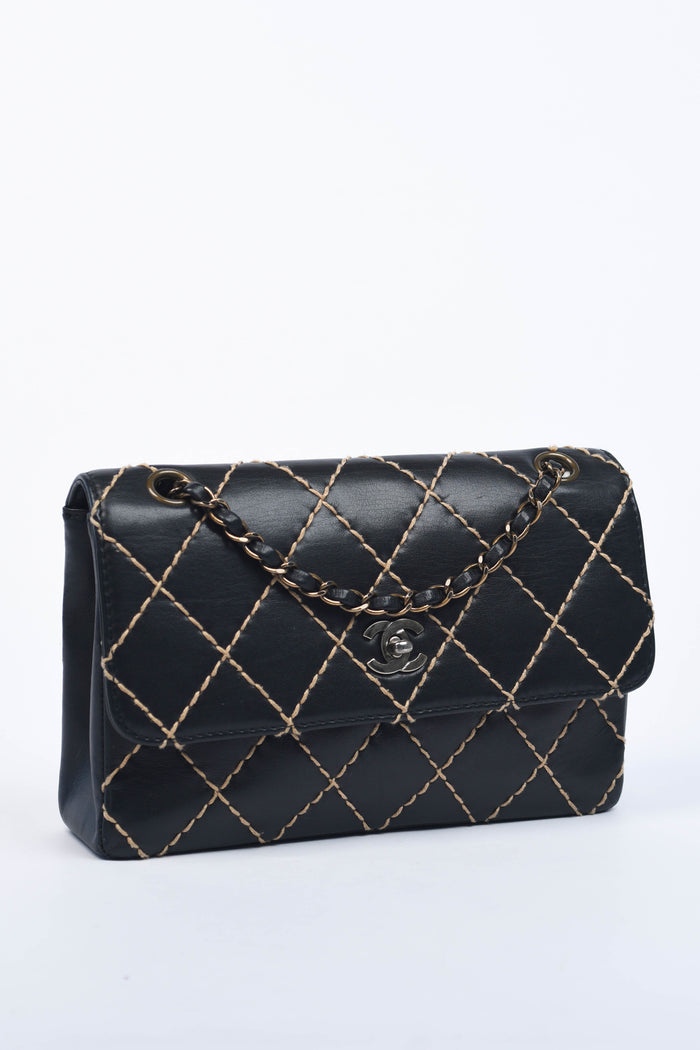 2000s Chanel Black Leather Wild Stitch Shoulder Bag
