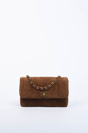 90s Chanel Brown Suede Mademoiselle Small Shoulder Bag