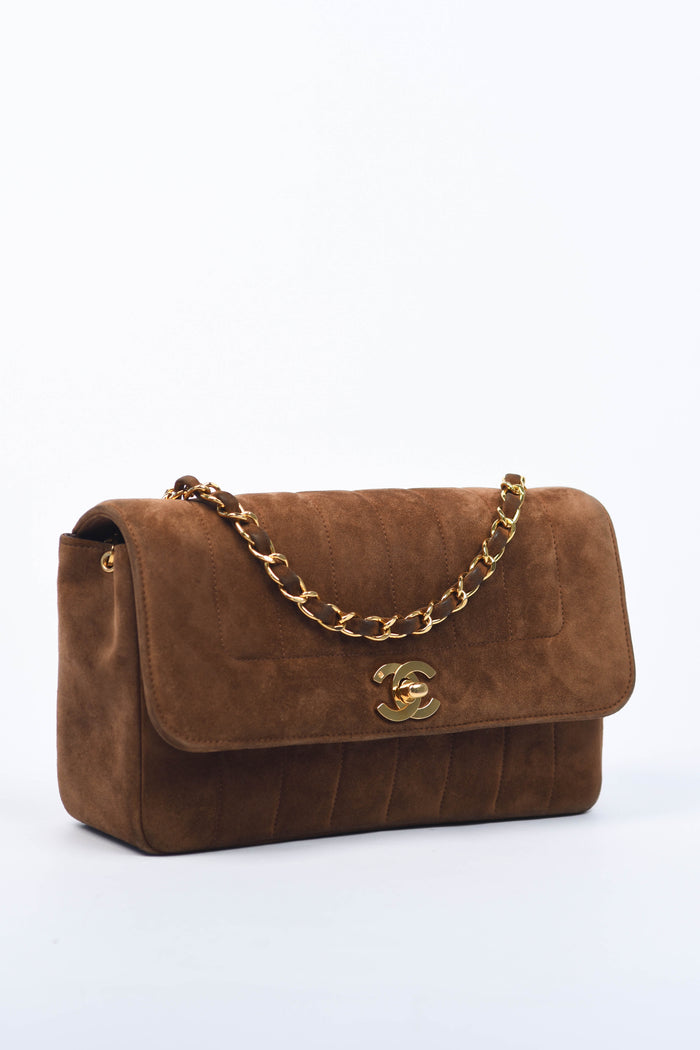 90s Chanel Brown Suede Mademoiselle Small Shoulder Bag
