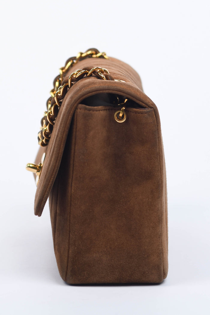 90s Chanel Brown Suede Mademoiselle Small Shoulder Bag