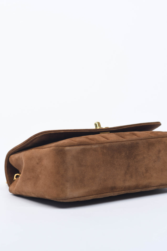 90s Chanel Brown Suede Mademoiselle Small Shoulder Bag