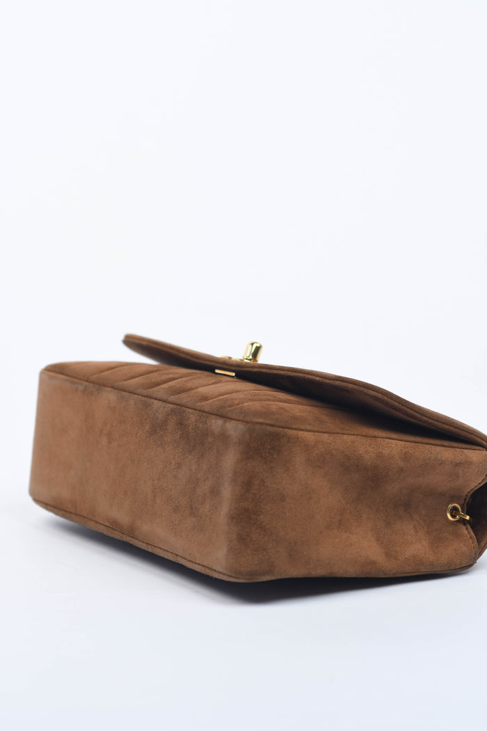 90s Chanel Brown Suede Mademoiselle Small Shoulder Bag
