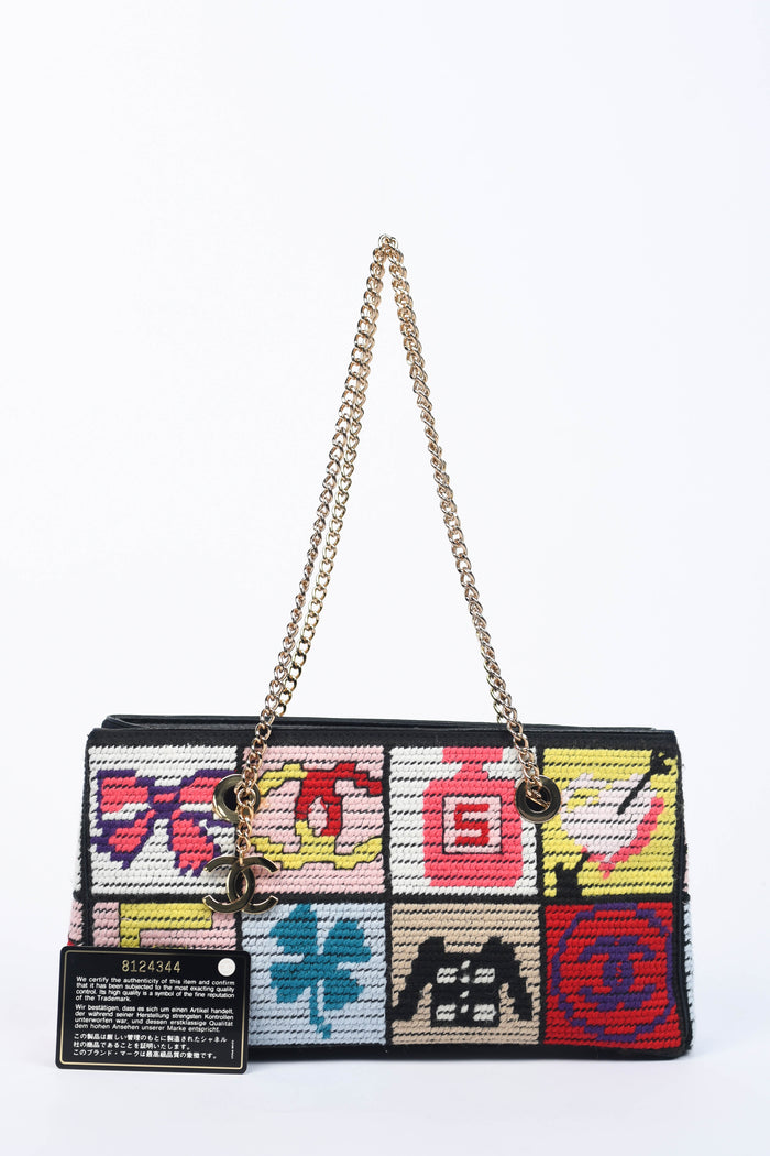 2000s Chanel Embroidered Multicolour Icon Shoulder Bag