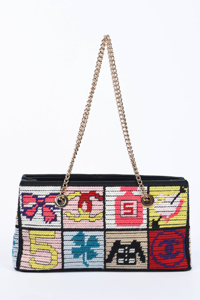 2000s Chanel Embroidered Multicolour Icon Shoulder Bag