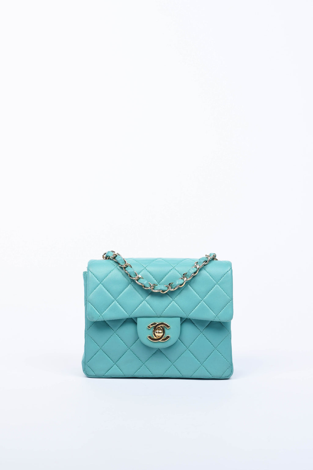 2000s Chanel Teal Lambskin Mini Square Flap Bag with 24K GHW