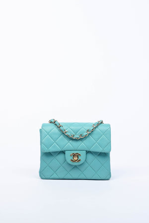 2000s Chanel Teal Lambskin Mini Square Flap Bag with 24K GHW