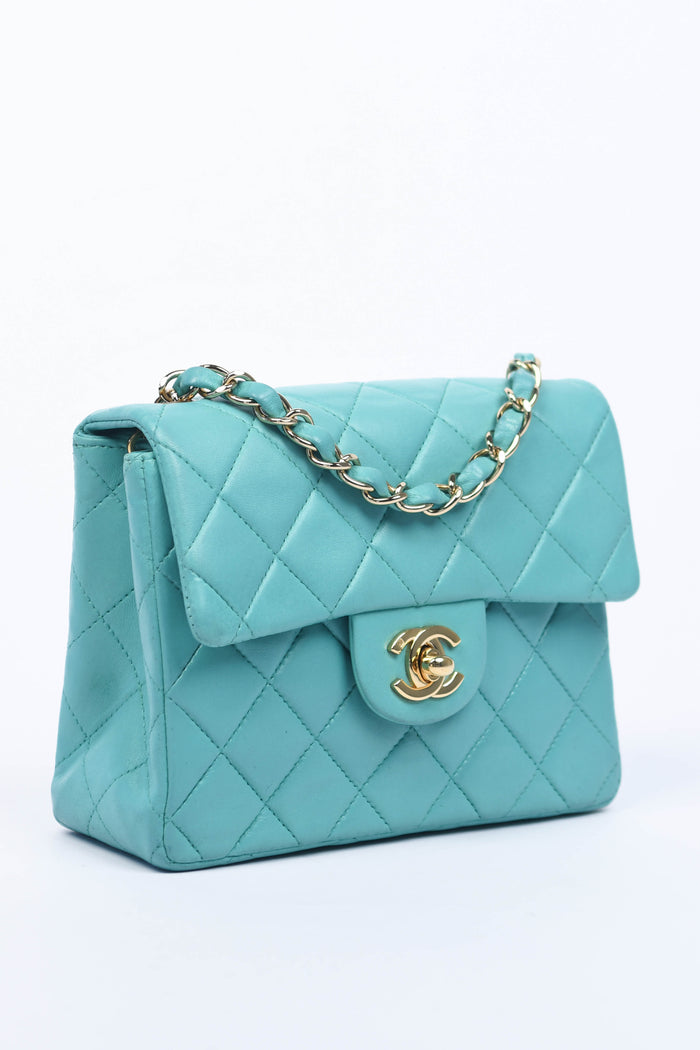 2000s Chanel Teal Lambskin Mini Square Flap Bag with 24K GHW
