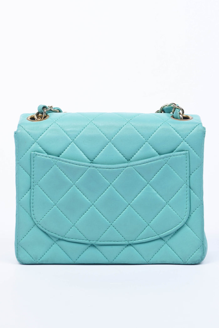 2000s Chanel Teal Lambskin Mini Square Flap Bag with 24K GHW