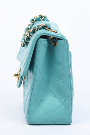 2000s Chanel Teal Lambskin Mini Square Flap Bag with 24K GHW
