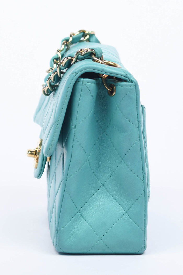 2000s Chanel Teal Lambskin Mini Square Flap Bag with 24K GHW