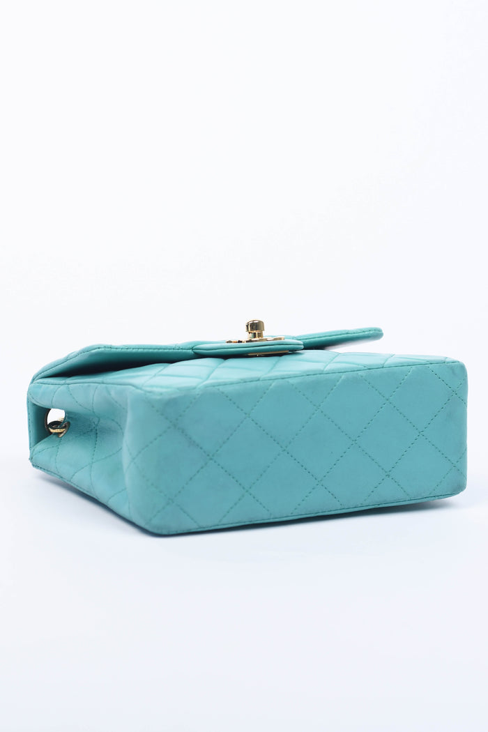 2000s Chanel Teal Lambskin Mini Square Flap Bag with 24K GHW