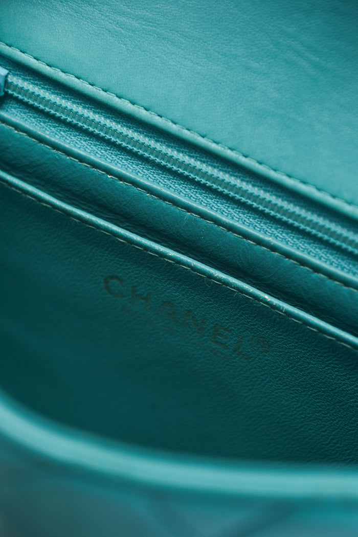 2000s Chanel Teal Lambskin Mini Square Flap Bag with 24K GHW