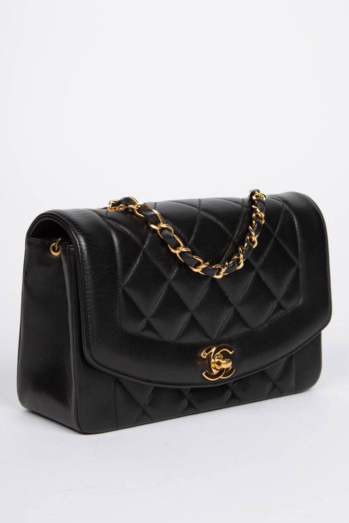 90s Chanel Black Lambskin Diana Single Flap Bag