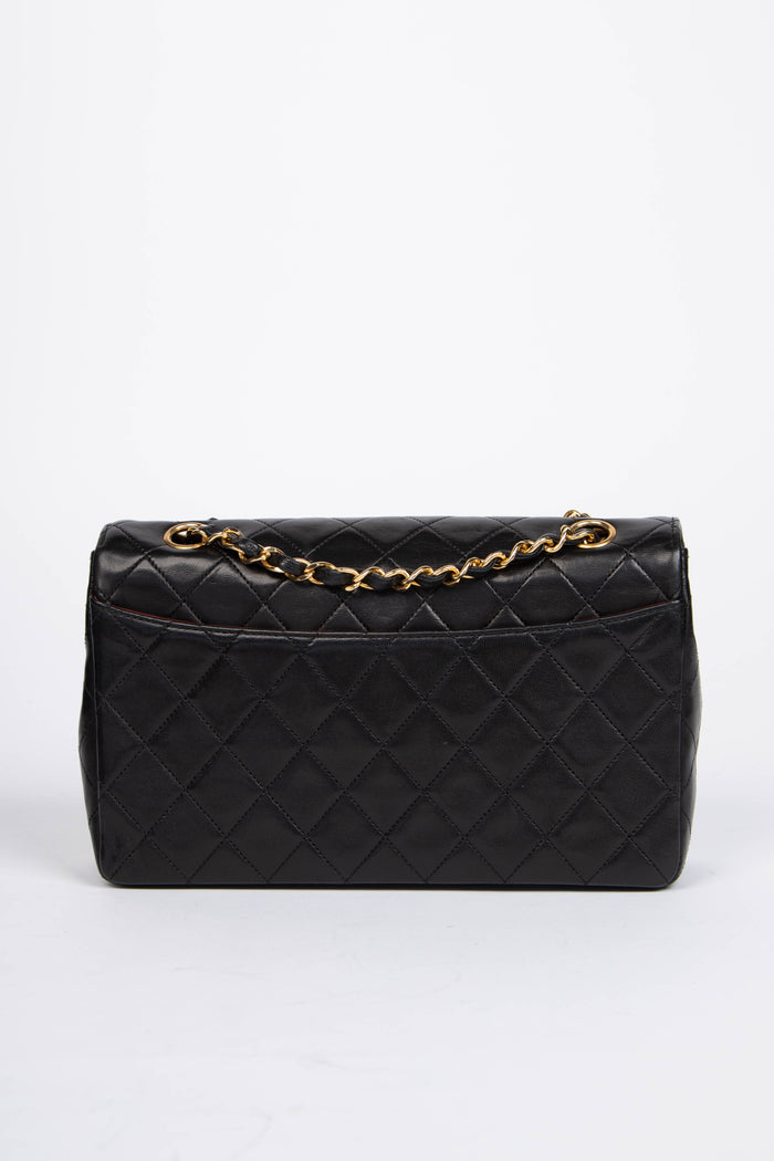 80s Chanel Black Lambskin Leather Single Flap Shoulder Bag