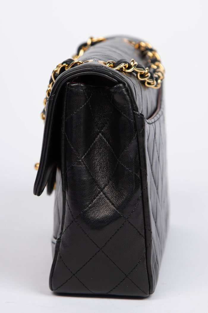 80s Chanel Black Lambskin Leather Single Flap Shoulder Bag