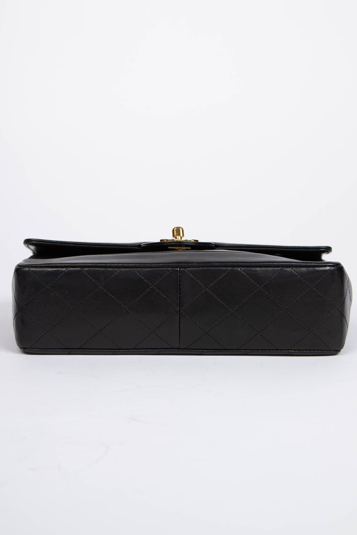 80s Chanel Black Lambskin Leather Single Flap Shoulder Bag