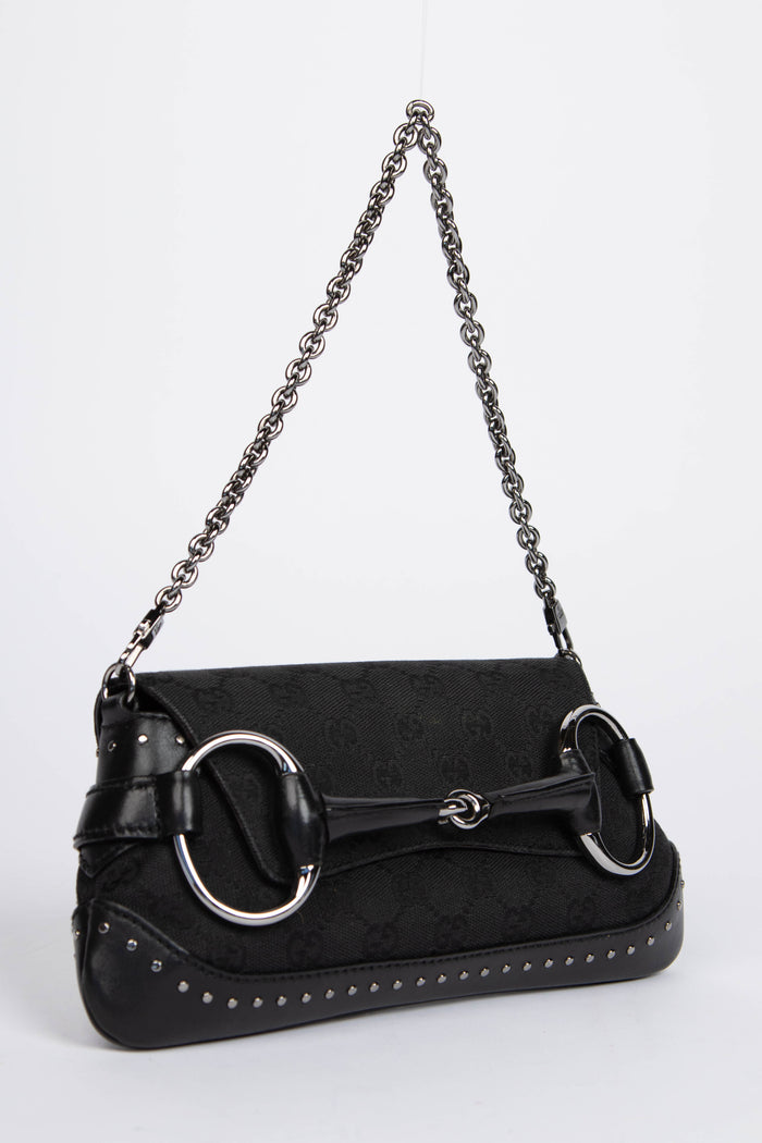 RARE Vintage Gucci Black Studded GG Monogram Horsebit Shoulder Bag