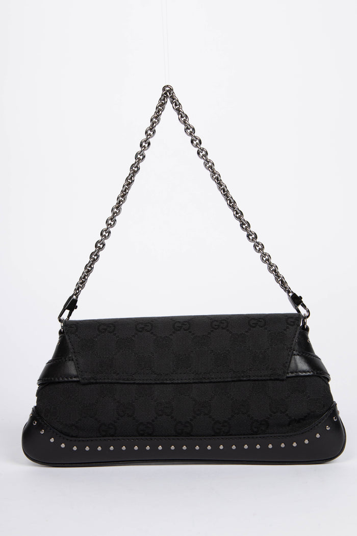 RARE Vintage Gucci Black Studded GG Monogram Horsebit Shoulder Bag