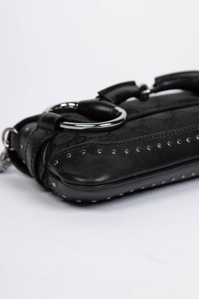 RARE Vintage Gucci Black Studded GG Monogram Horsebit Shoulder Bag