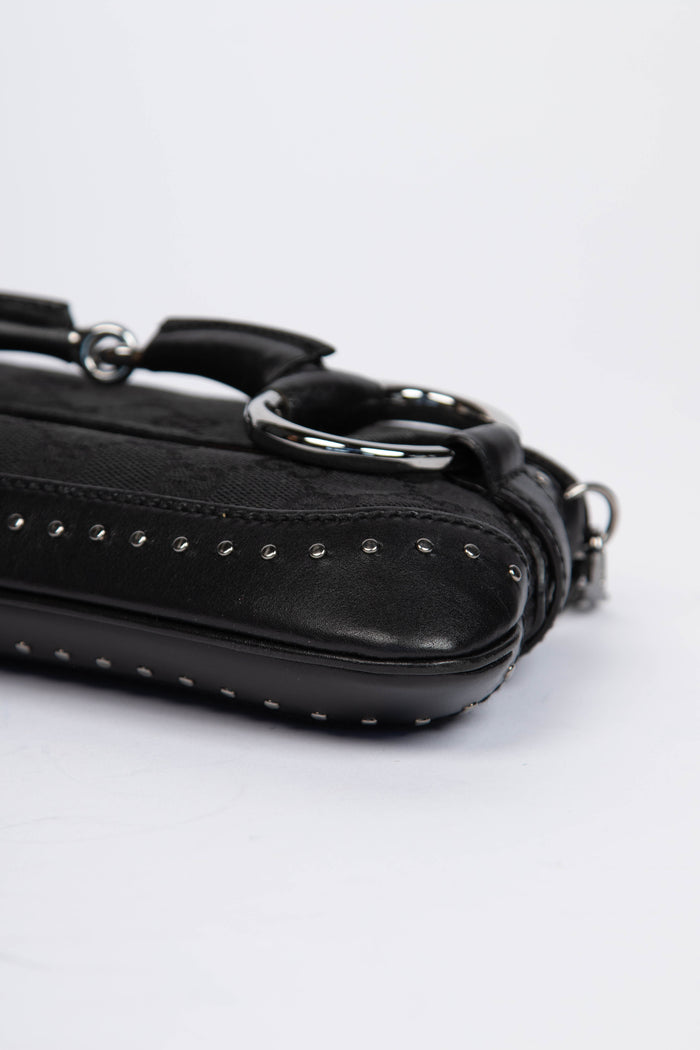 RARE Vintage Gucci Black Studded GG Monogram Horsebit Shoulder Bag