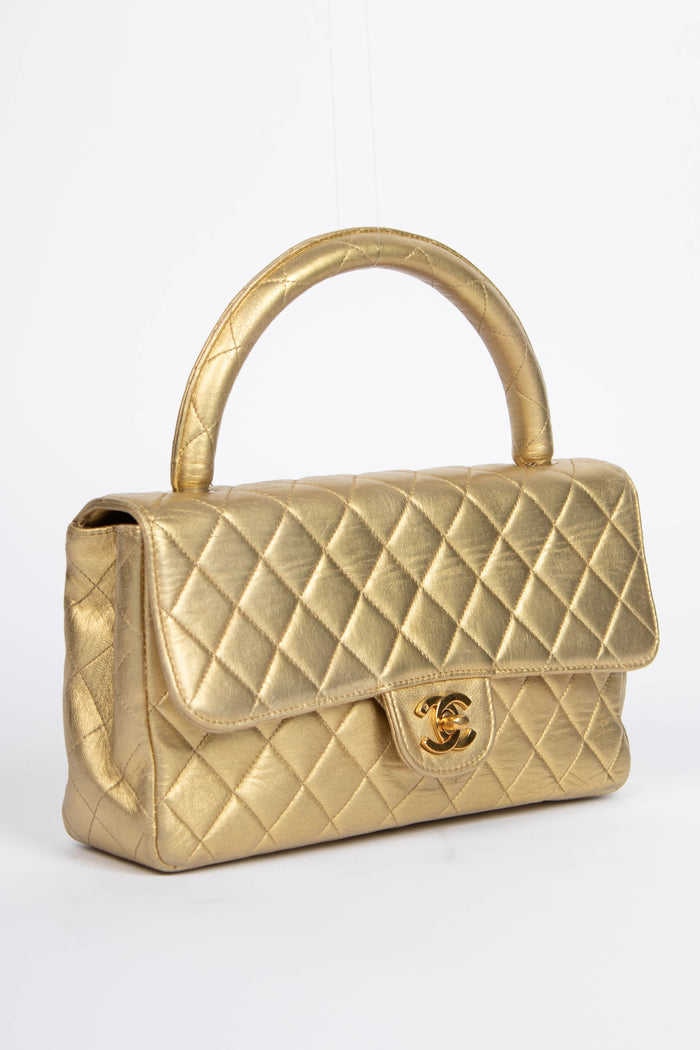 RARE 90s Chanel Gold Lambskin Leather Top Handle Bag