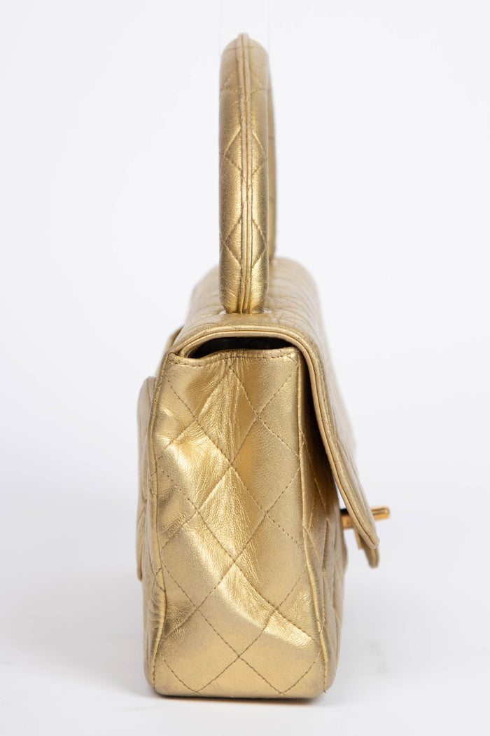 RARE 90s Chanel Gold Lambskin Leather Top Handle Bag