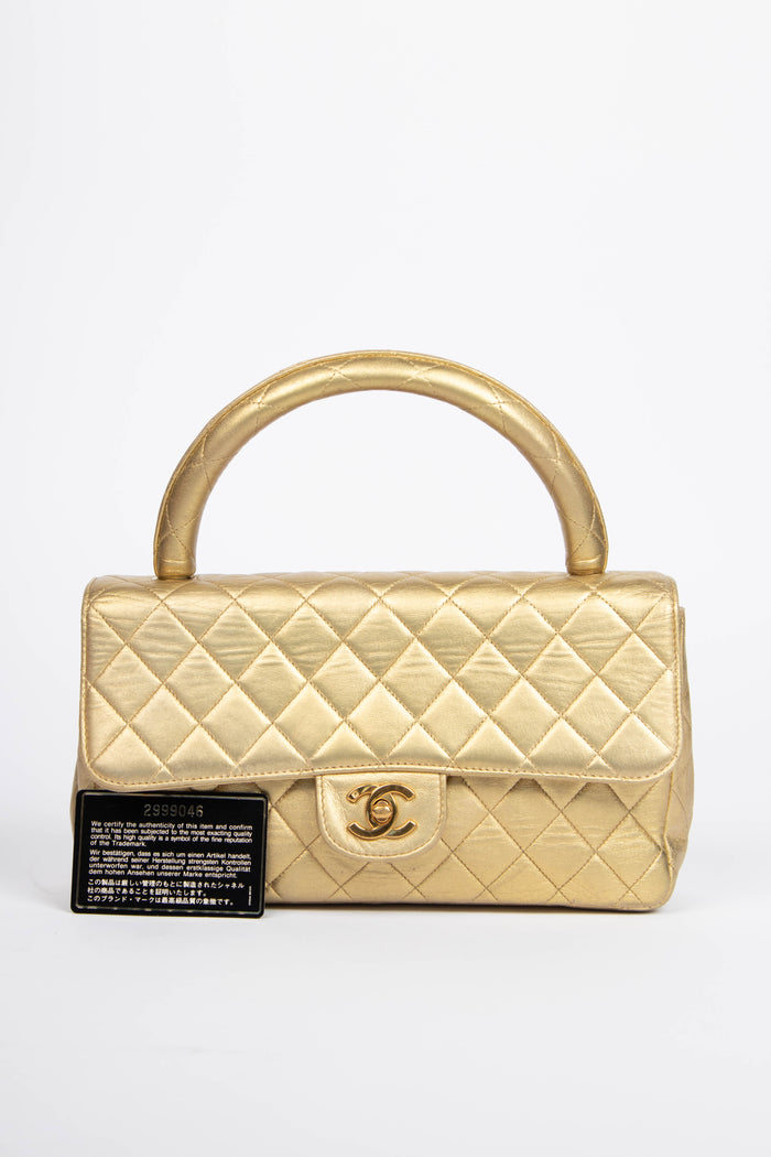 RARE 90s Chanel Gold Lambskin Leather Top Handle Bag