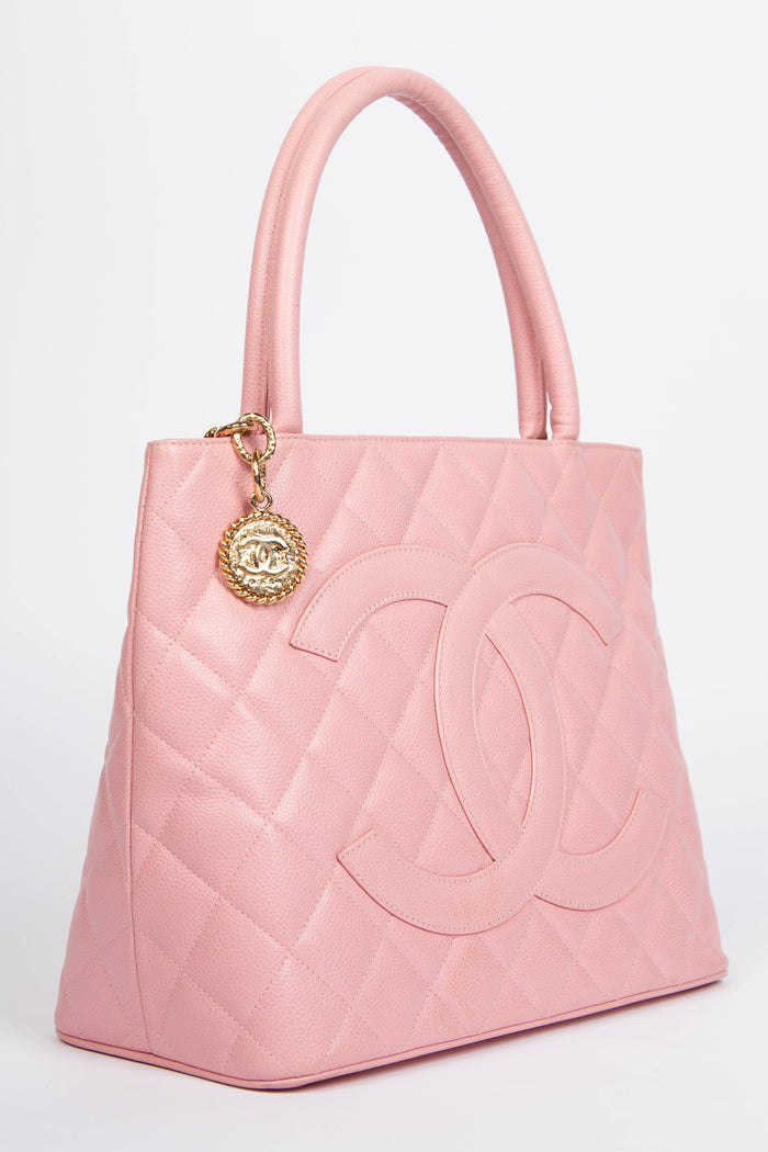 2000s Chanel Pink Caviar Leather Gold Medallion Tote Bag