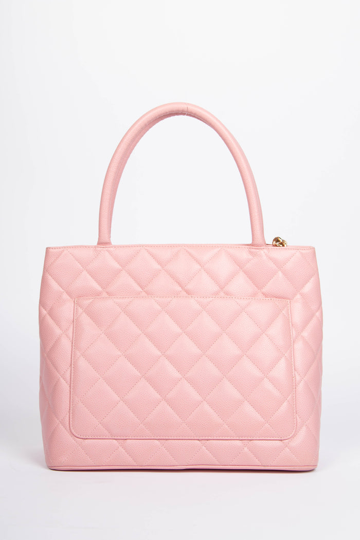 2000s Chanel Pink Caviar Leather Gold Medallion Tote Bag