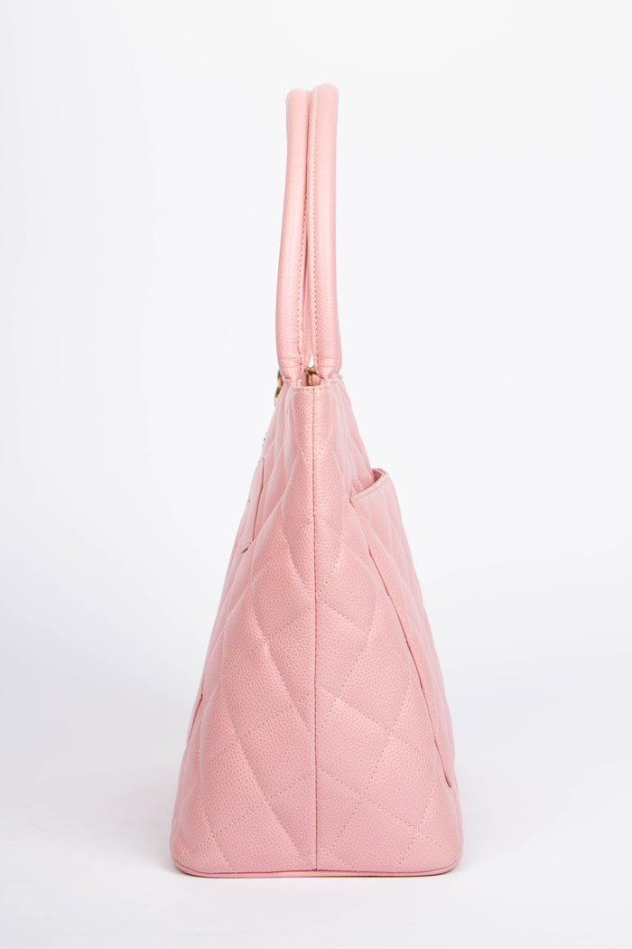 2000s Chanel Pink Caviar Leather Gold Medallion Tote Bag