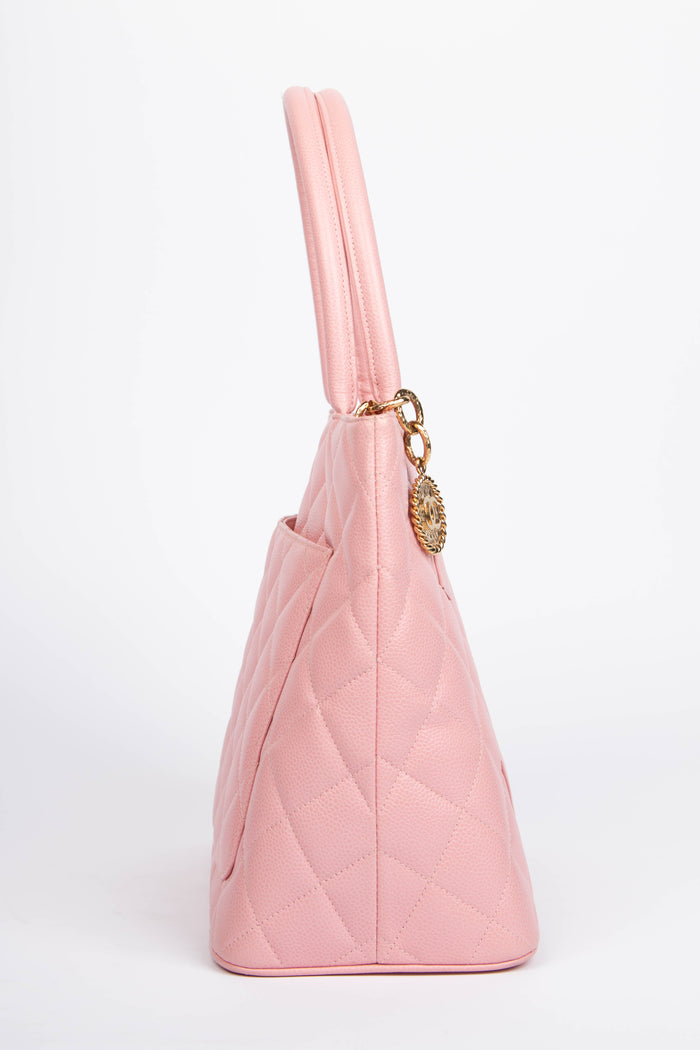 2000s Chanel Pink Caviar Leather Gold Medallion Tote Bag