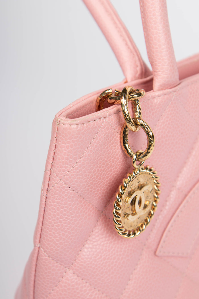 2000s Chanel Pink Caviar Leather Gold Medallion Tote Bag