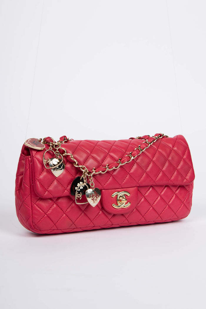 RARE 2009 Chanel Pink Lambskin Leather Valentines East West Shoulder Bag