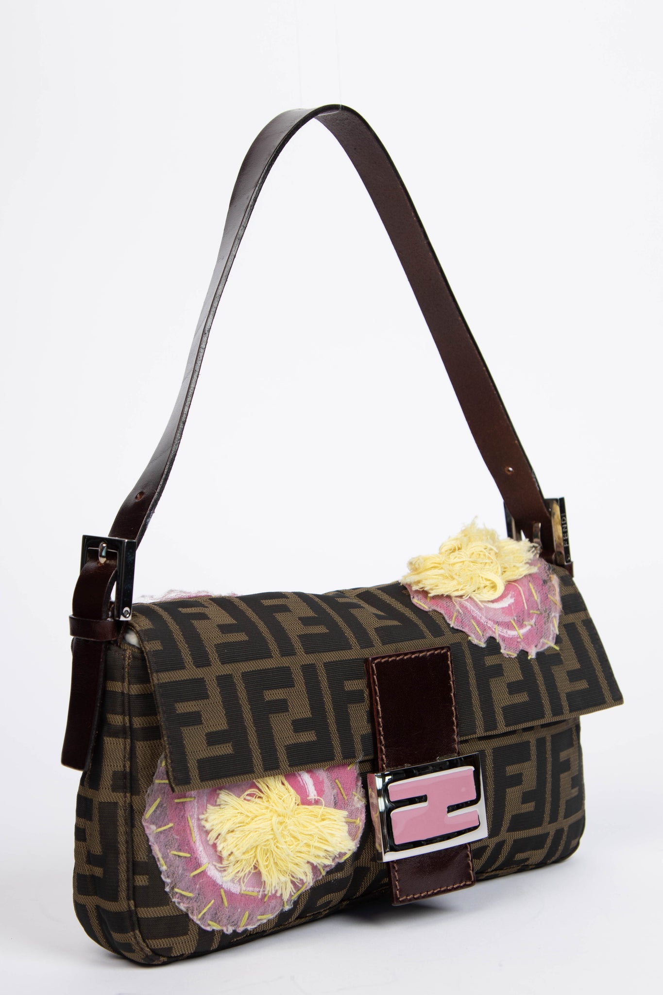 Vintage Fendi Zucca Floral Embroidered Baguette Shoulder Bag