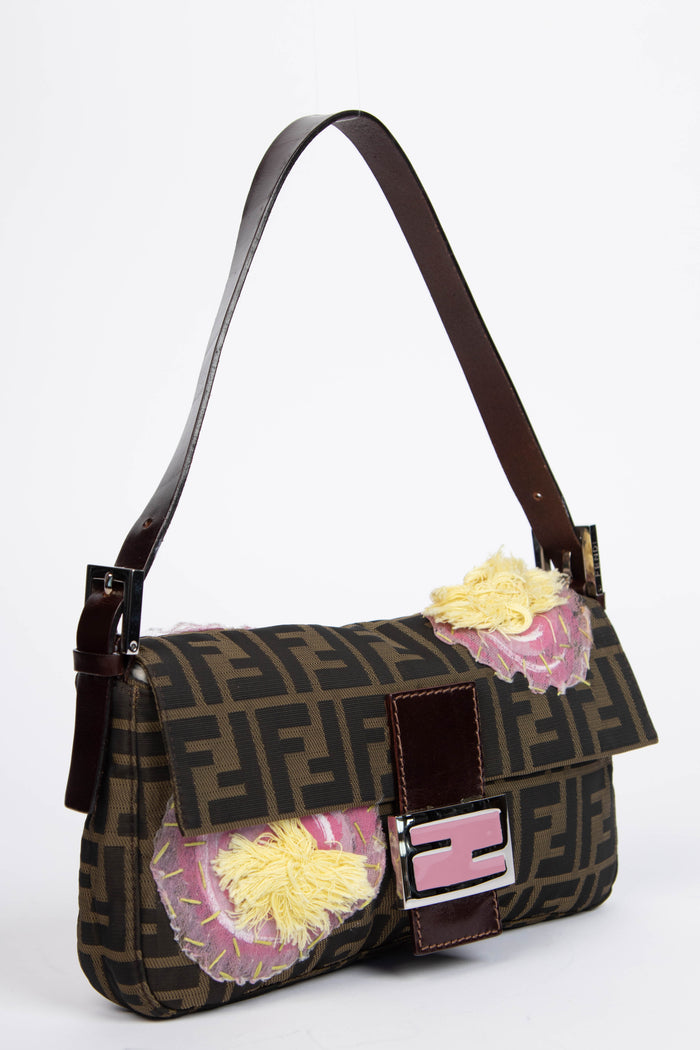 Vintage Fendi Zucca Floral Embroidered Baguette Shoulder Bag