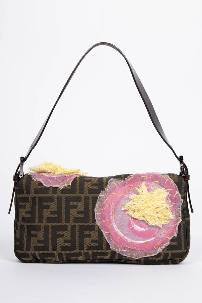Vintage Fendi Zucca Floral Embroidered Baguette Shoulder Bag