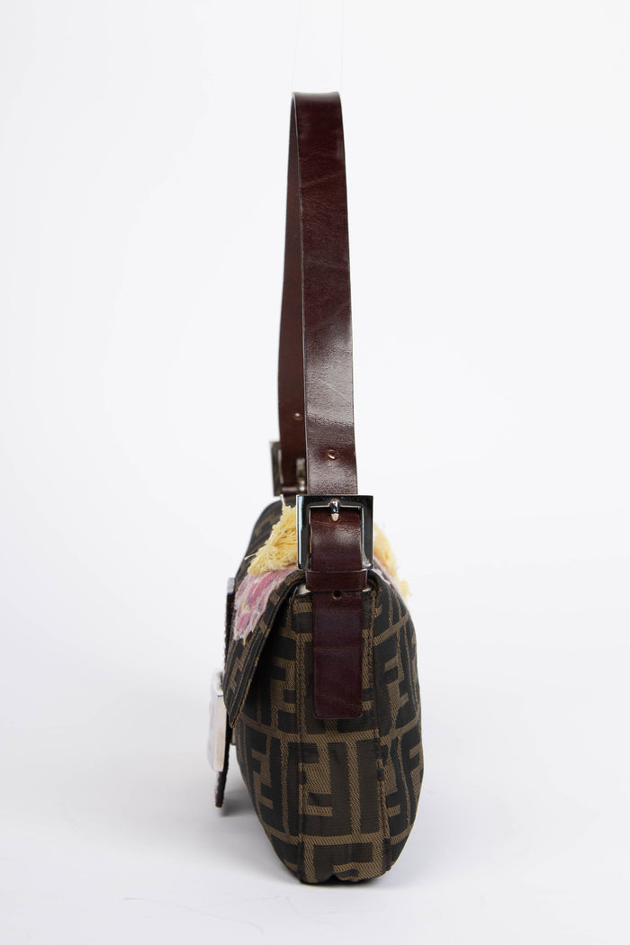 Vintage Fendi Zucca Floral Embroidered Baguette Shoulder Bag