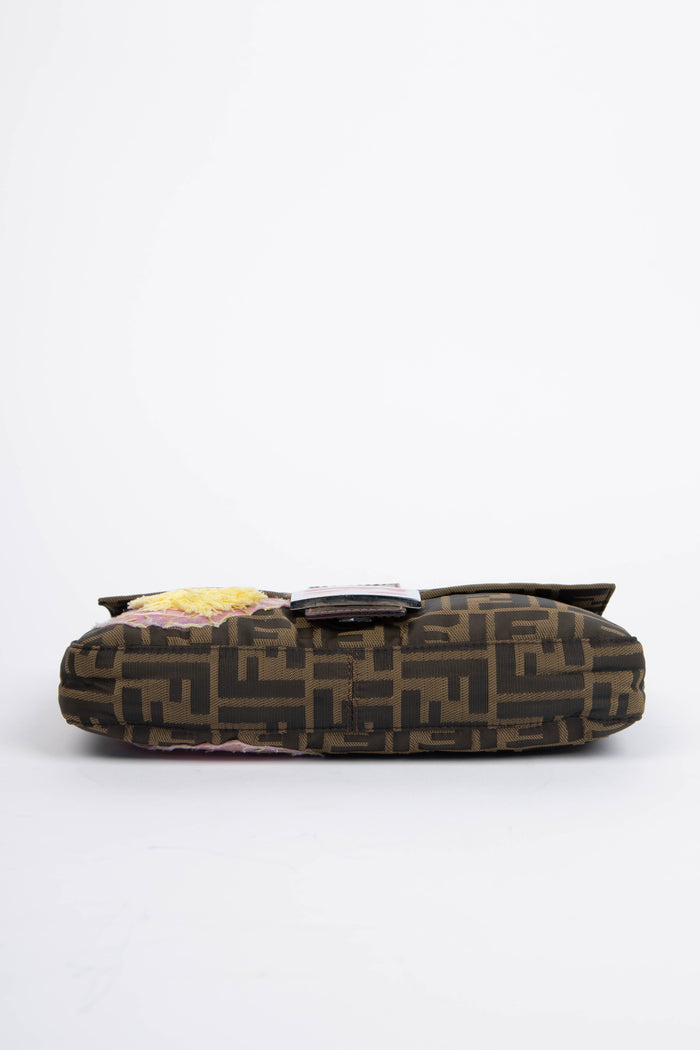 Vintage Fendi Zucca Floral Embroidered Baguette Shoulder Bag