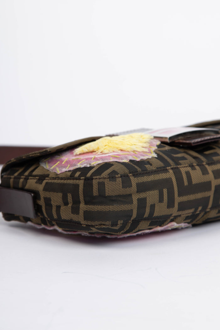 Vintage Fendi Zucca Floral Embroidered Baguette Shoulder Bag