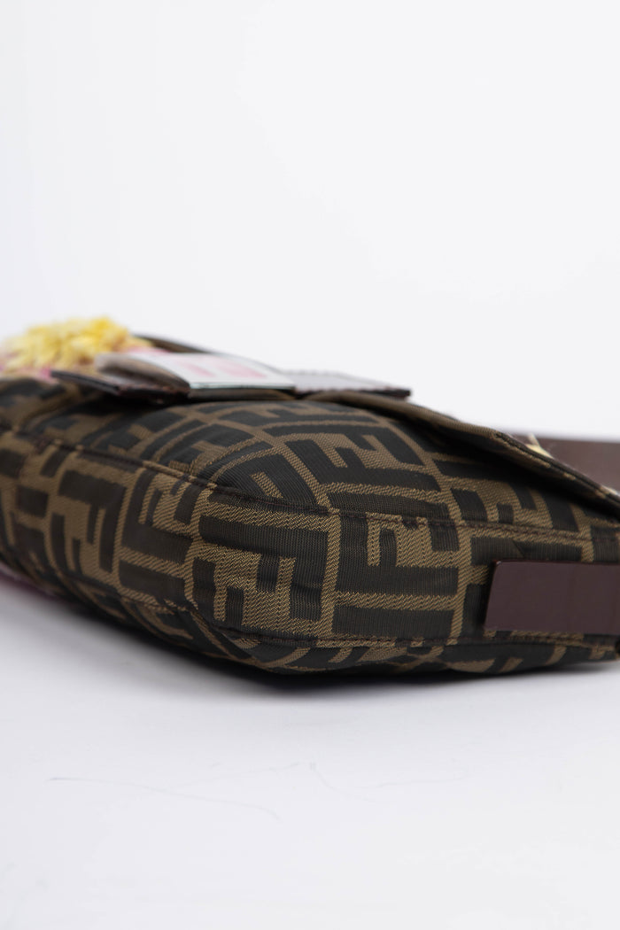 Vintage Fendi Zucca Floral Embroidered Baguette Shoulder Bag