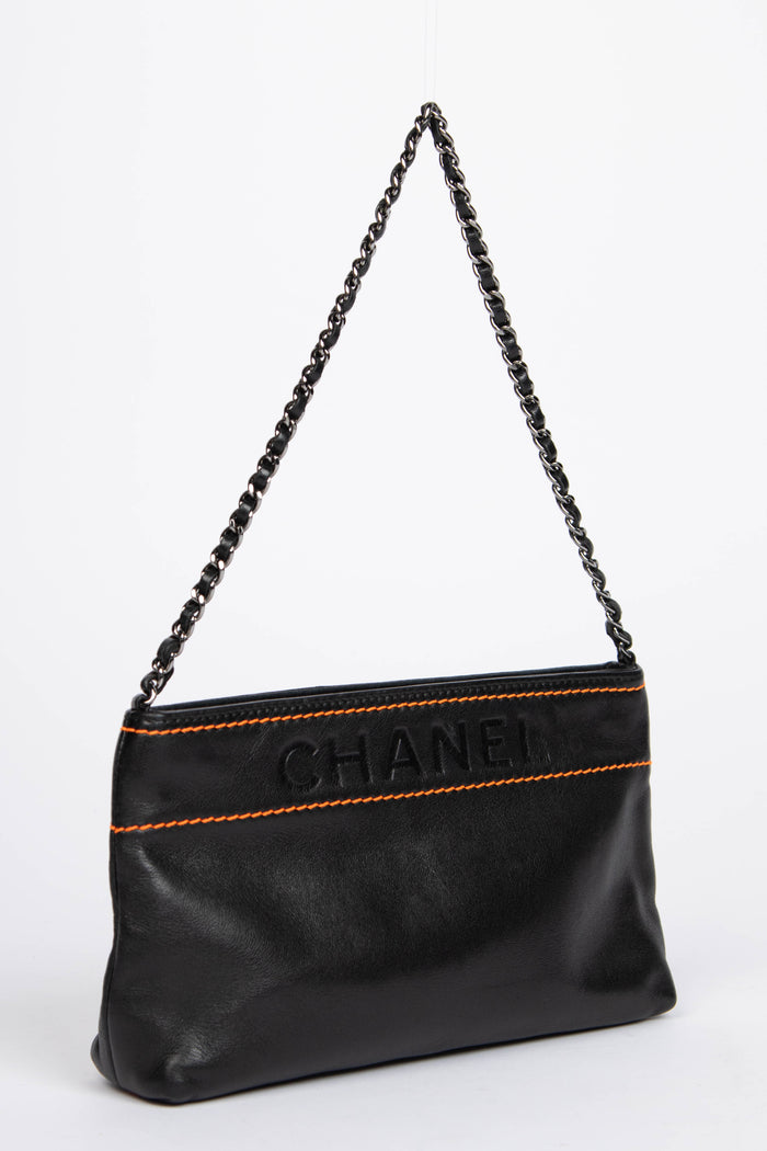 2000s Chanel Black Lambskin Leather Pochette Shoulder Bag