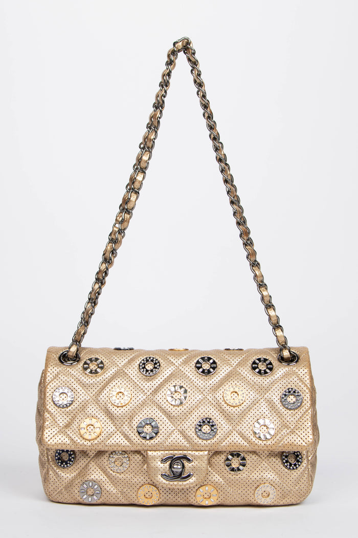 RARE 2010s Chanel Paris-Dubai Gold Perforated Medium Flap Bag